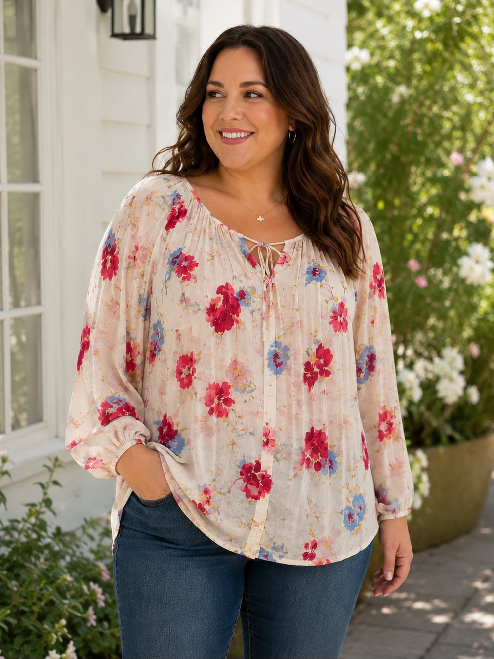 Women's Lucky Brand Plus Size 1X Cream Red Blue Floral Long Sleeve Blouse